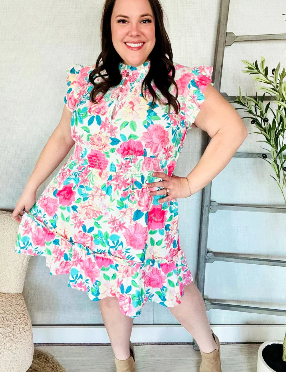 Under Your Spell Floral Smocked Flutter Sleeve Ruffle Mini Dress | Daverri Fashions