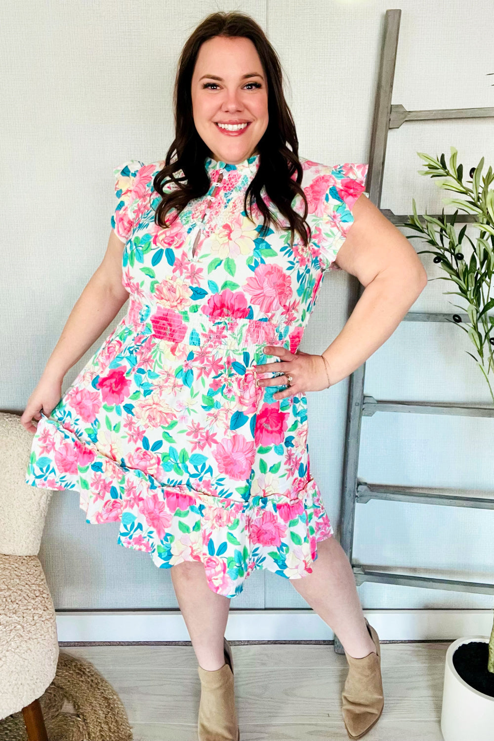 Under Your Spell floral smocked ruffle mini dress with pink roses