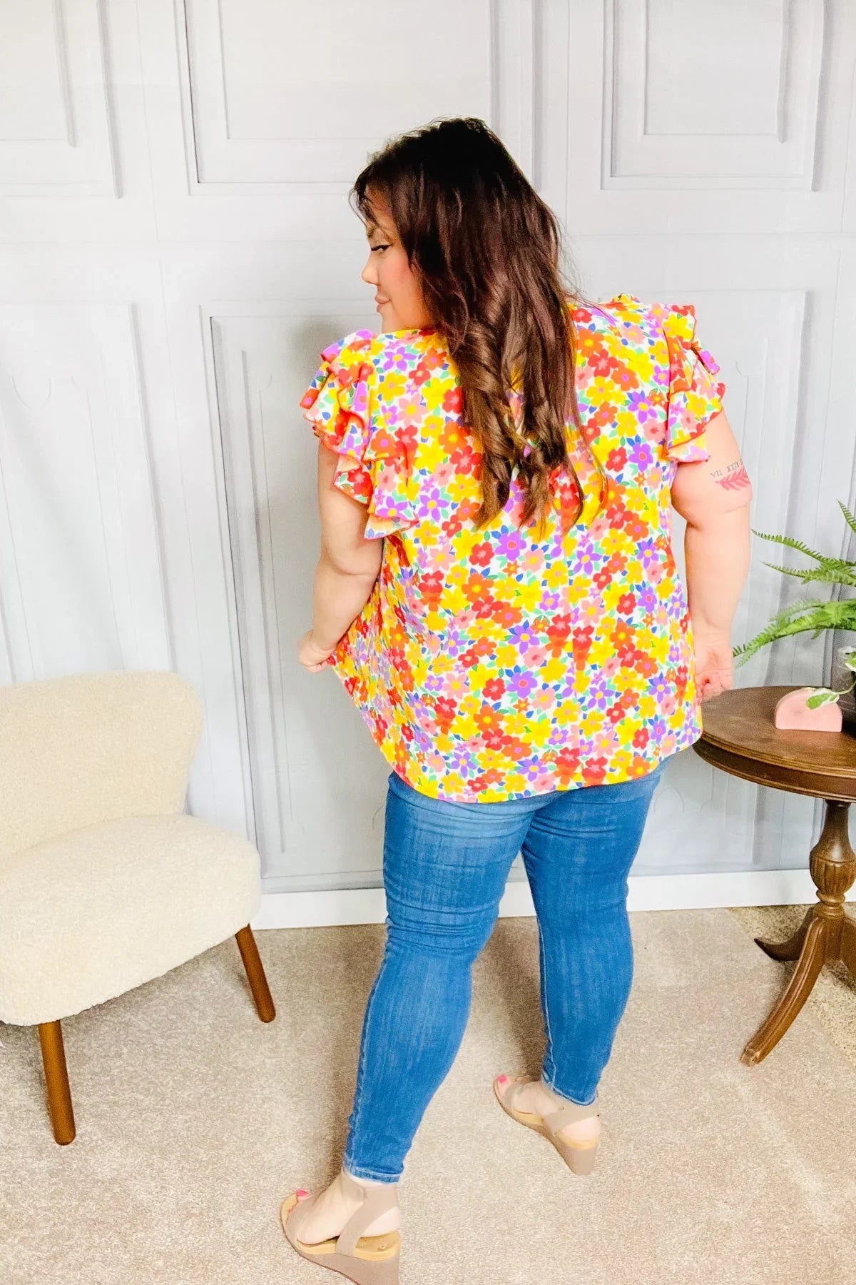 Flower Power Ivory & Red Floral Mock Neck Flutter Sleeve Top | Daverri Fashions