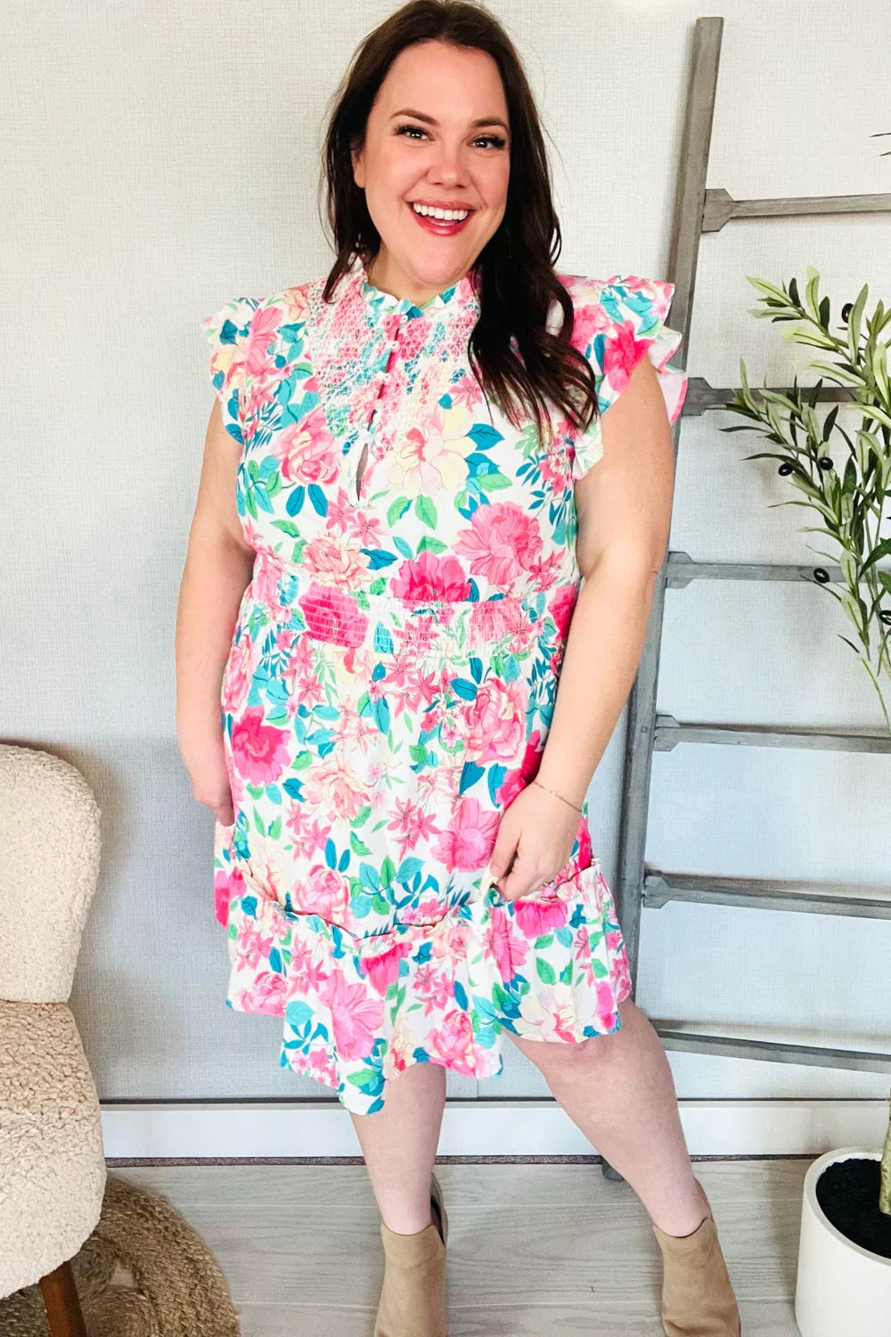 Under Your Spell Floral Smocked Flutter Sleeve Ruffle Mini Dress | Daverri Fashions