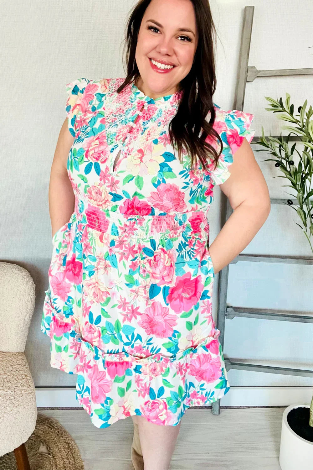 Under Your Spell Floral Smocked Flutter Sleeve Ruffle Mini Dress | Daverri Fashions