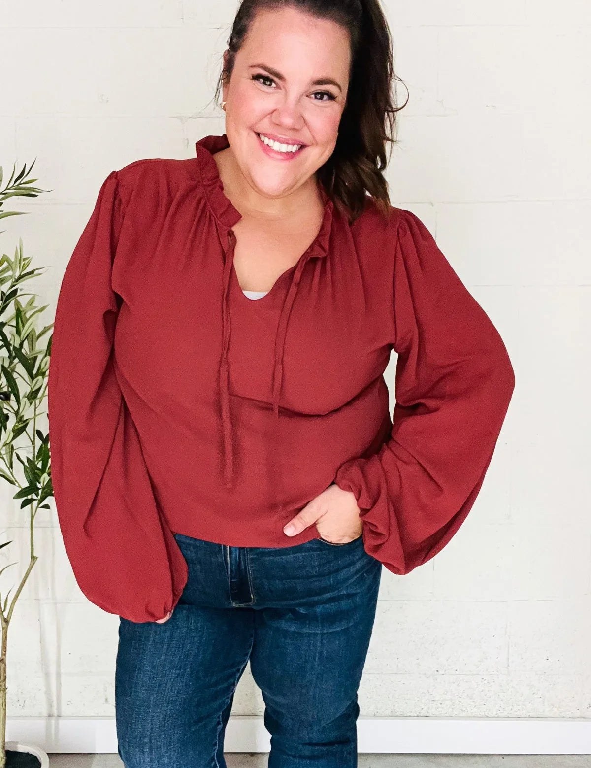 Feeling Femme Off Burgundy Frilled Edge V Neck Tie Top | Daverri Fashions