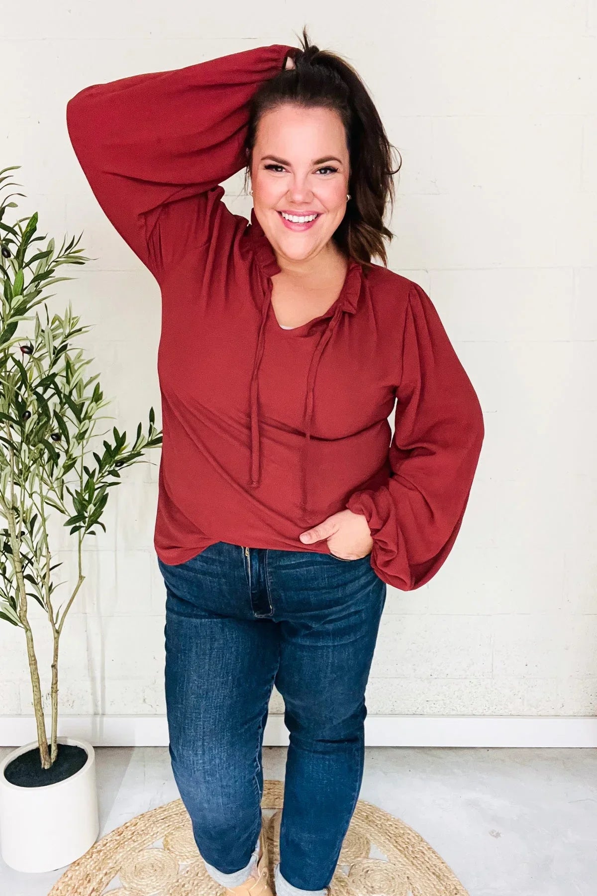 Feeling Femme Off Burgundy Frilled Edge V Neck Tie Top | Daverri Fashions