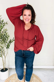 Feeling Femme Off Burgundy Frilled Edge V Neck Tie Top | Daverri Fashions