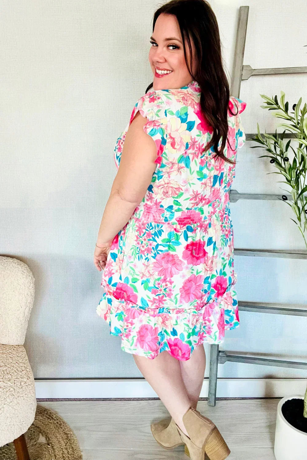 Under Your Spell Floral Smocked Flutter Sleeve Ruffle Mini Dress | Daverri Fashions