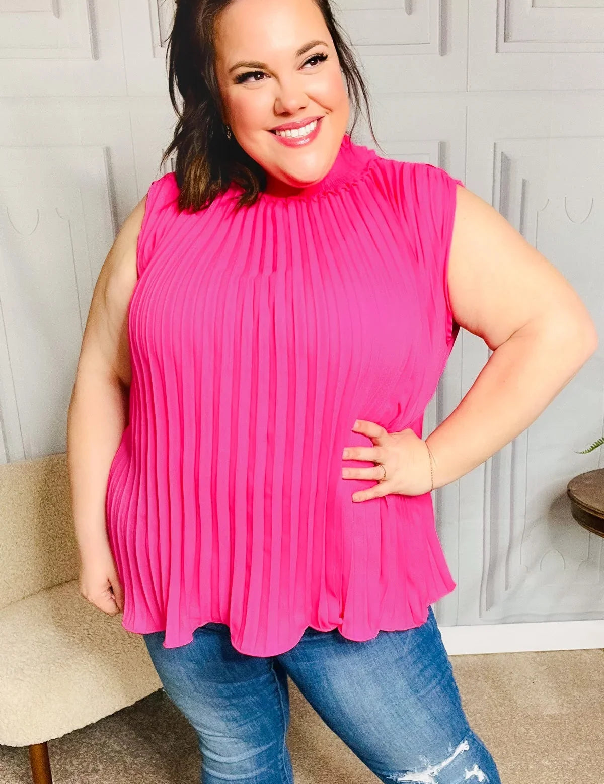 Sweet New Days Fuchsia Smocked Neck Pleated Sleeveless Top | 07-01-25 Summer Sale Daverri Fashions