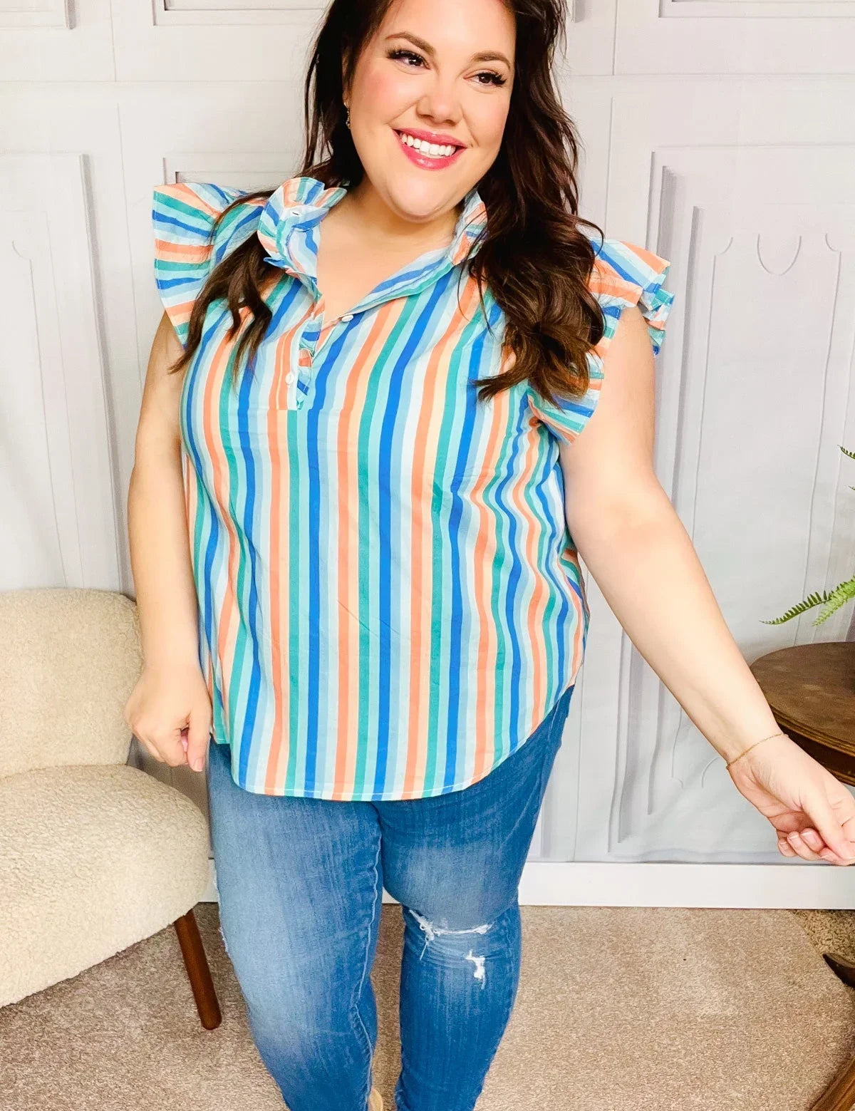 Happy Thoughts Sky Blue Striped Frill Button Down Top | Daverri Fashions