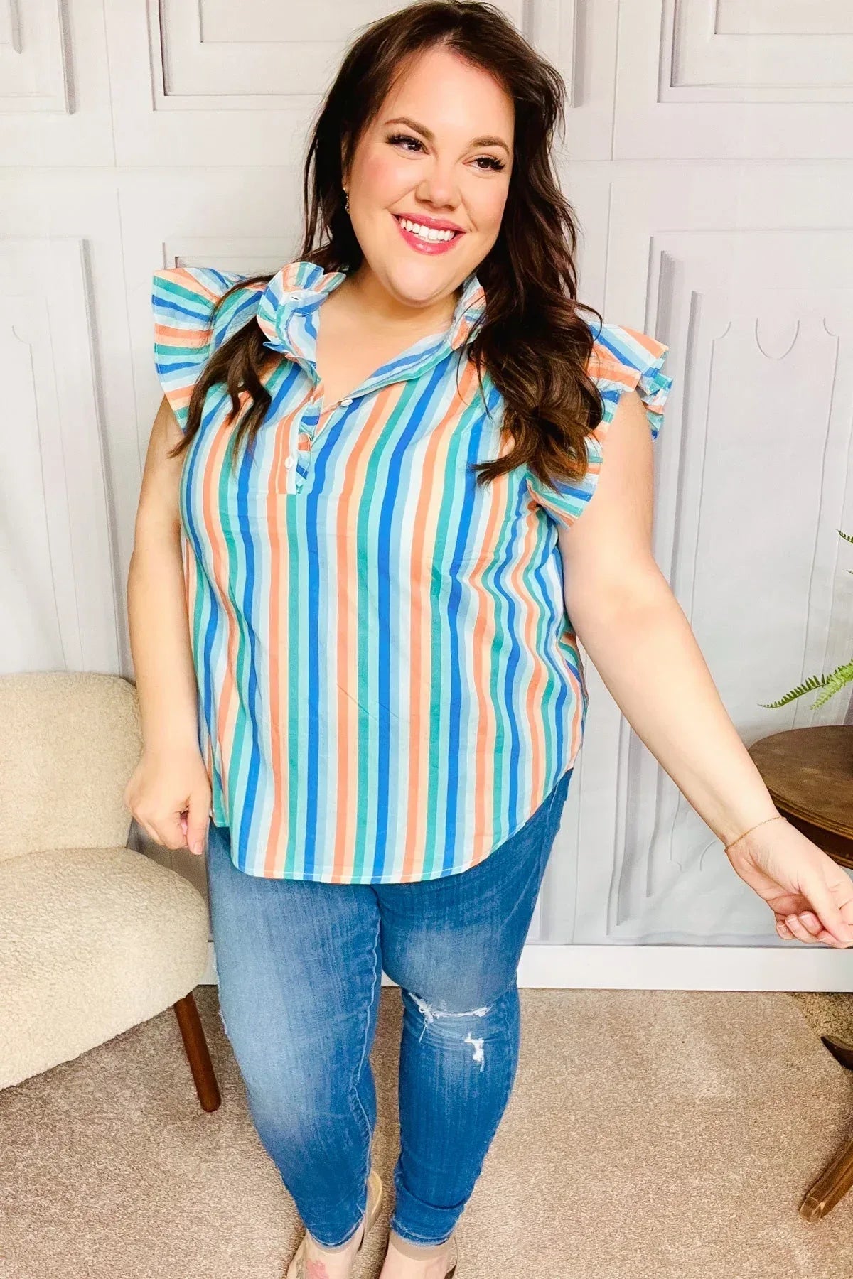 Happy Thoughts Sky Blue Striped Frill Button Down Top - DAVERRI FASHIONS