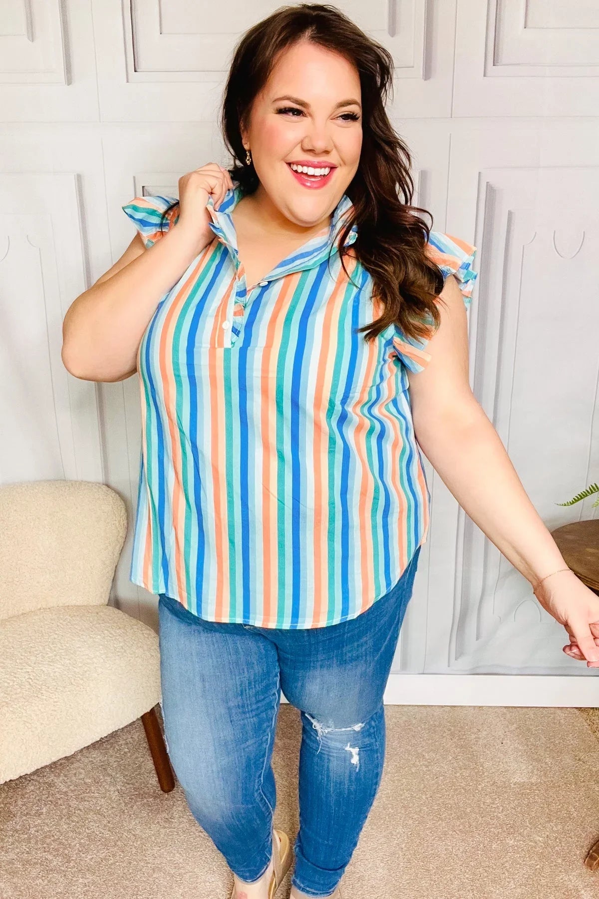 Happy Thoughts Sky Blue Striped Frill Button Down Top | Daverri Fashions