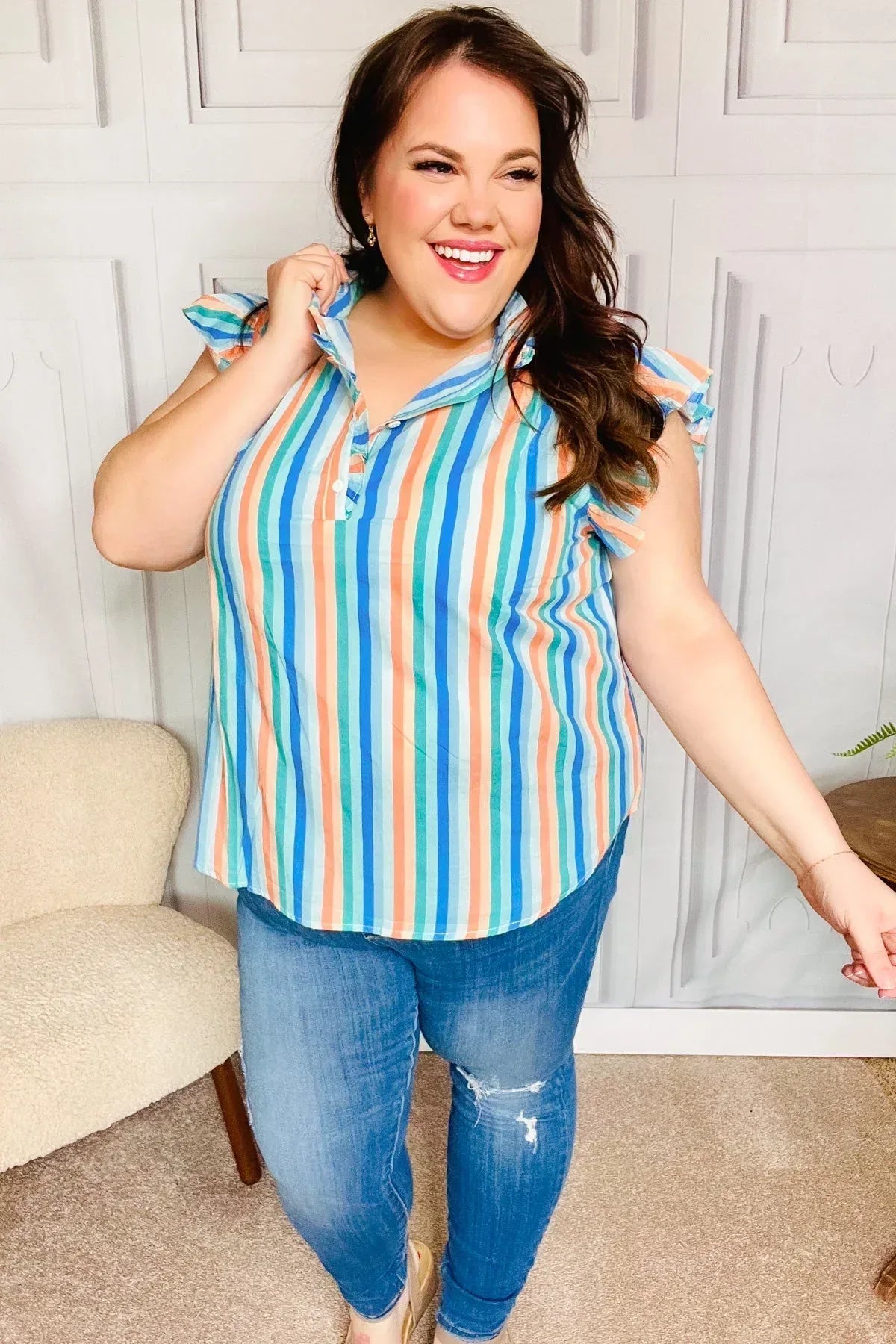 Happy Thoughts Sky Blue Striped Frill Button Down Top - DAVERRI FASHIONS
