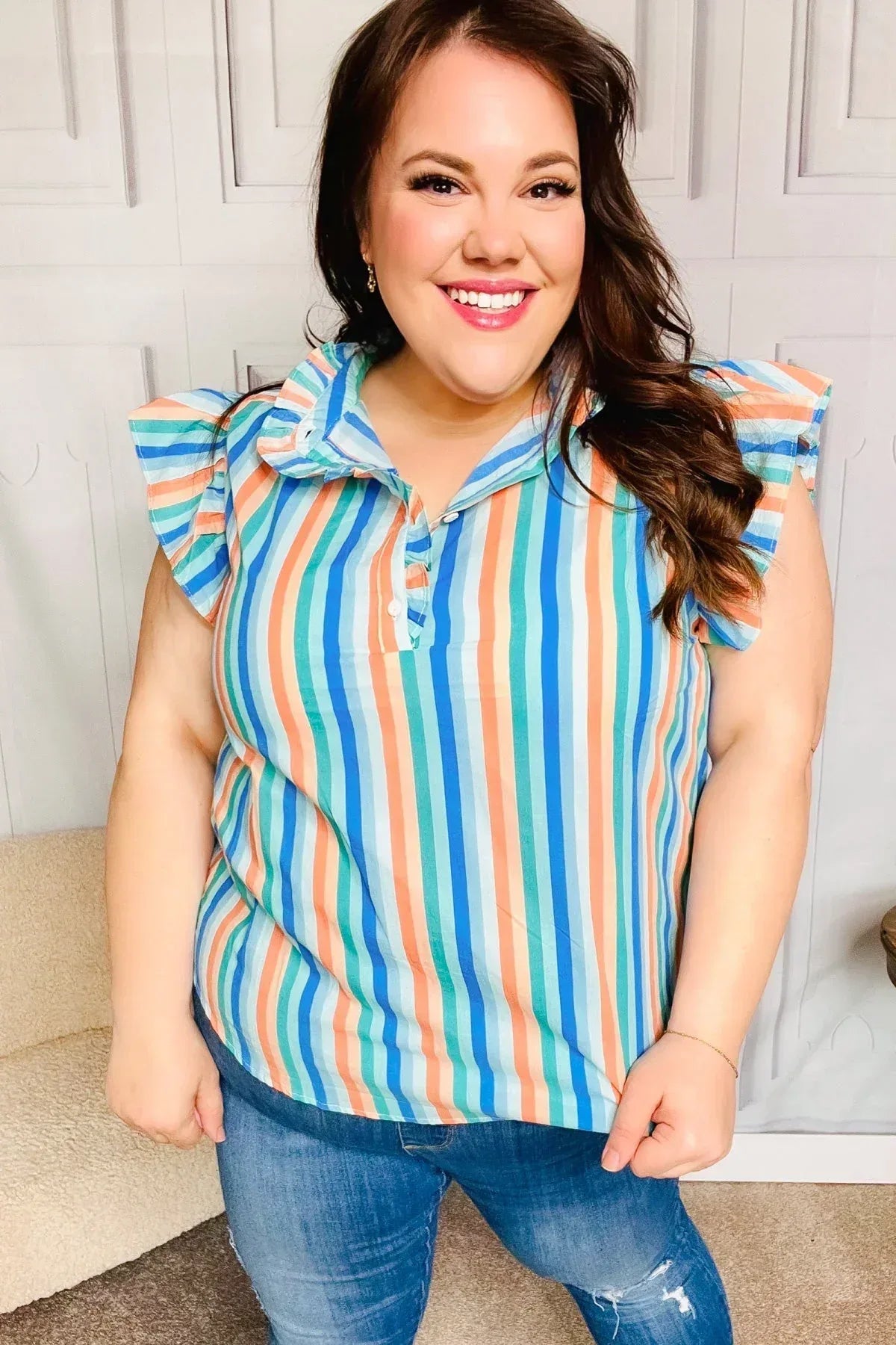Happy Thoughts Sky Blue Striped Frill Button Down Top - DAVERRI FASHIONS