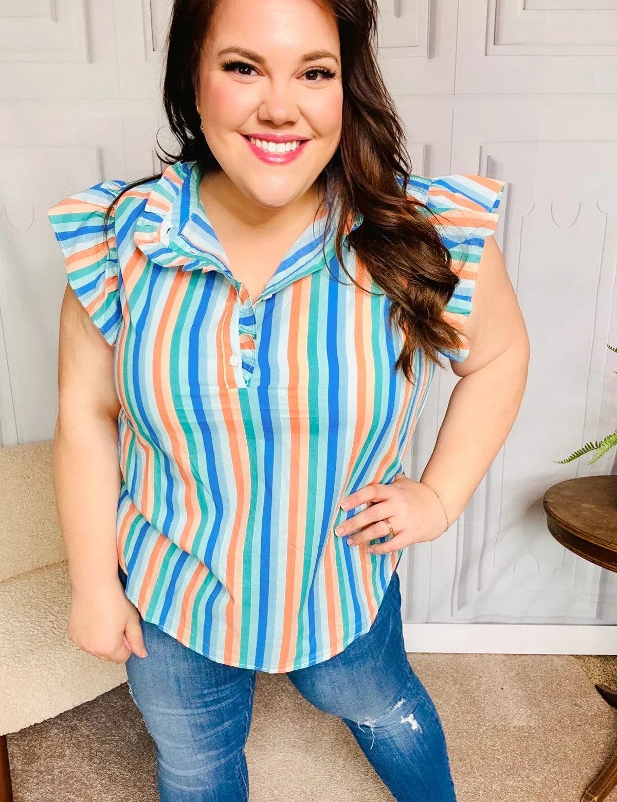 Happy Thoughts Sky Blue Striped Frill Button Down Top | Daverri Fashions