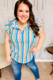 Happy Thoughts Sky Blue Striped Frill Button Down Top | Daverri Fashions