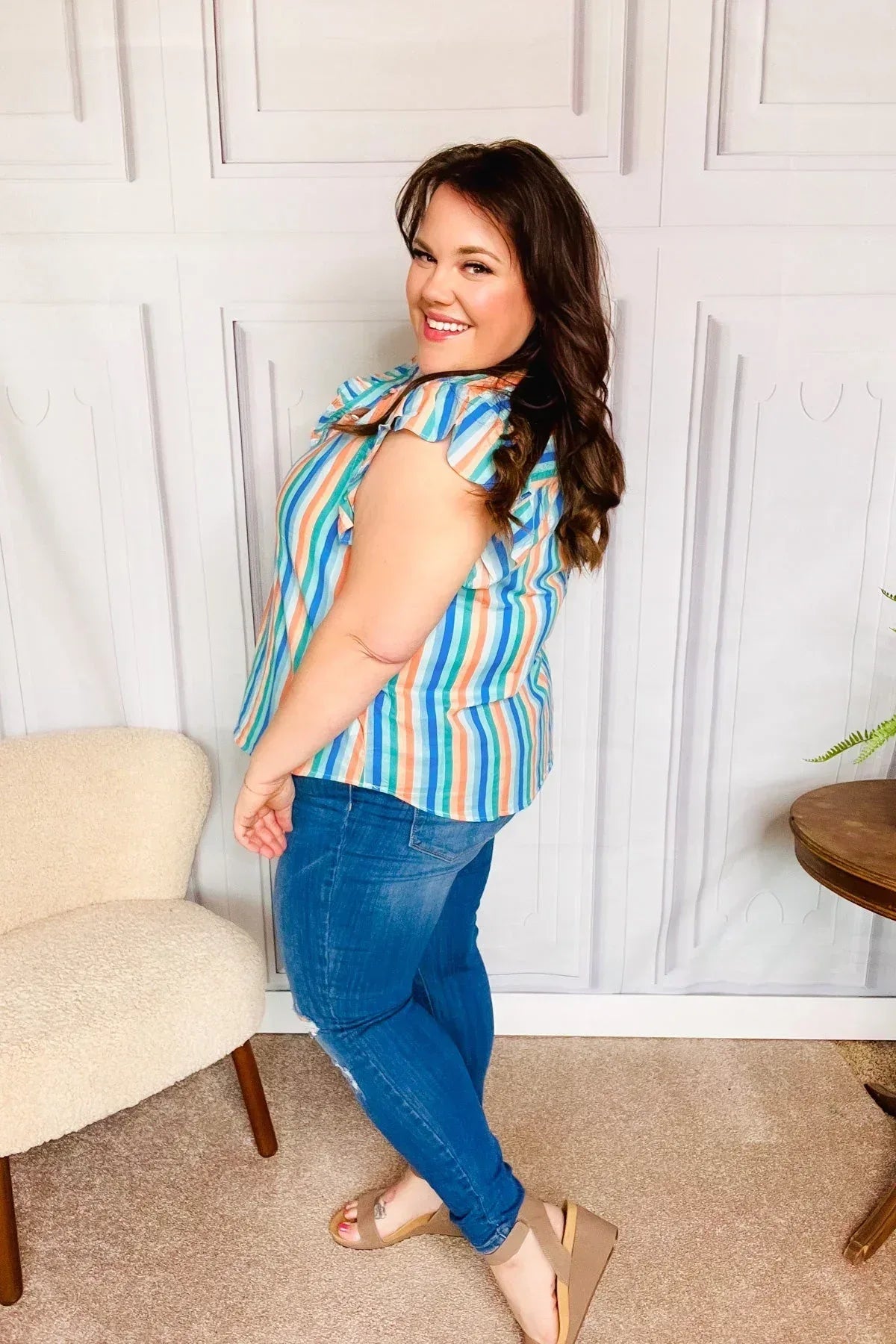 Happy Thoughts Sky Blue Striped Frill Button Down Top - DAVERRI FASHIONS