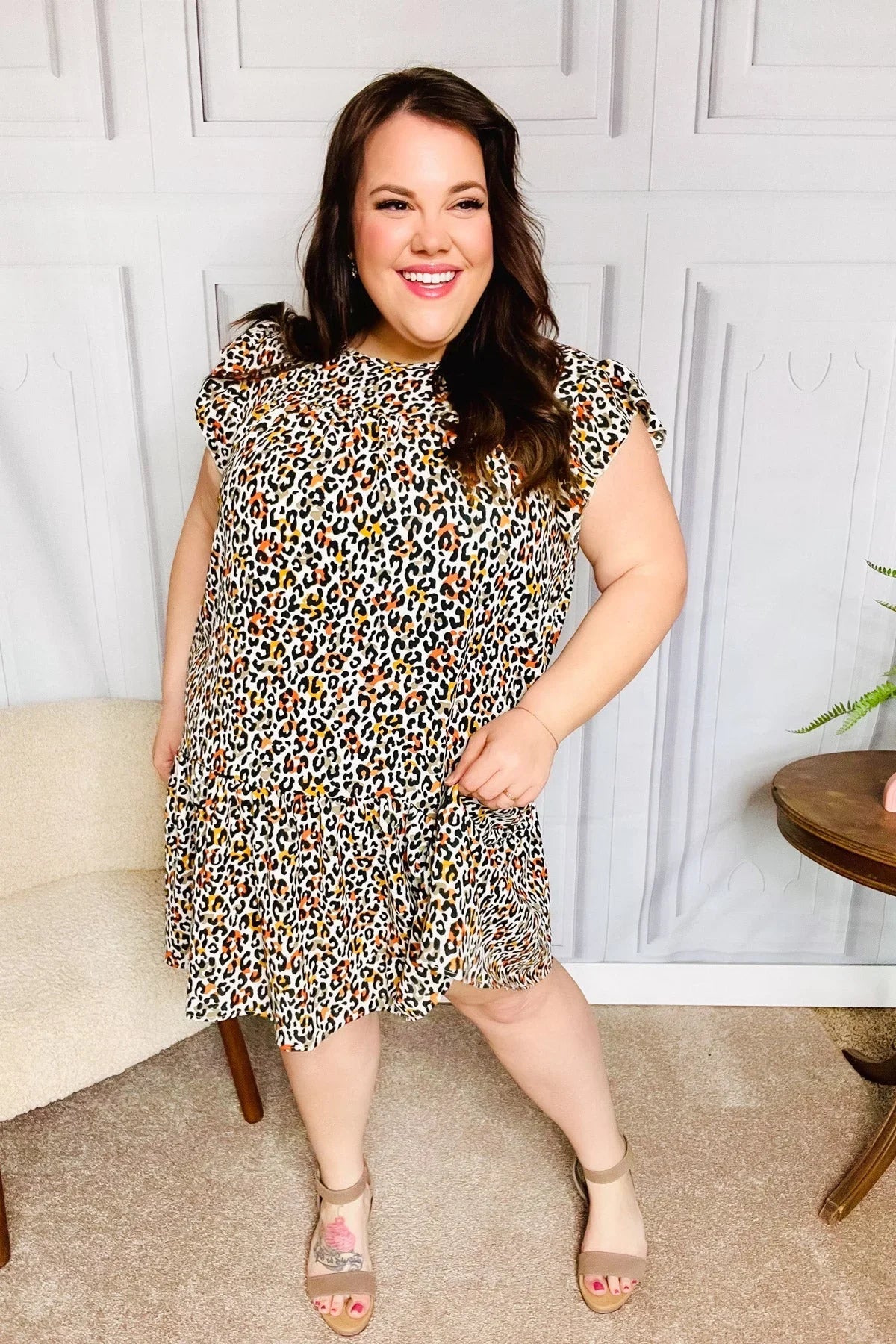 Feeling Bold Taupe Leopard Print Tiered Ruffle Sleeve Woven Dress | 2024 Summer Blow Out Sale Daverri Fashions