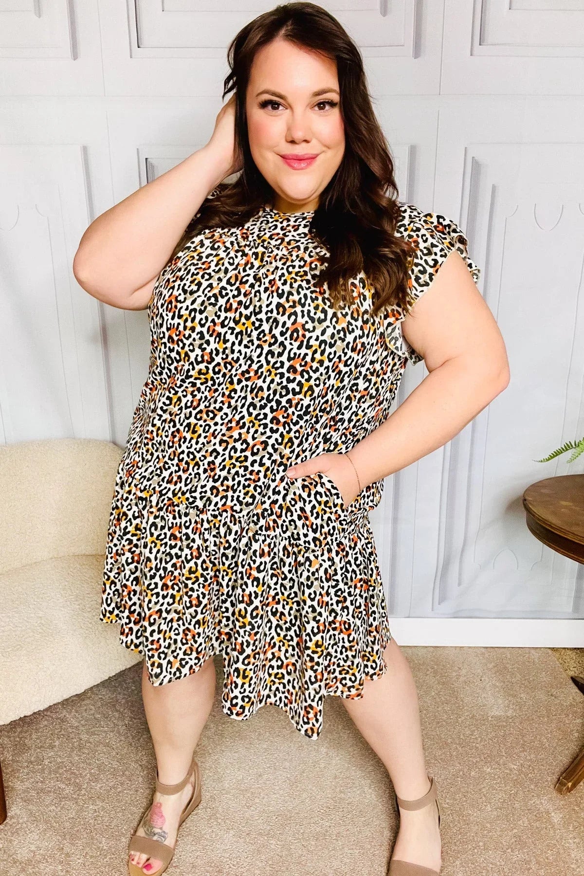 Feeling Bold Taupe Leopard Print Tiered Ruffle Sleeve Woven Dress | 2024 Summer Blow Out Sale Daverri Fashions