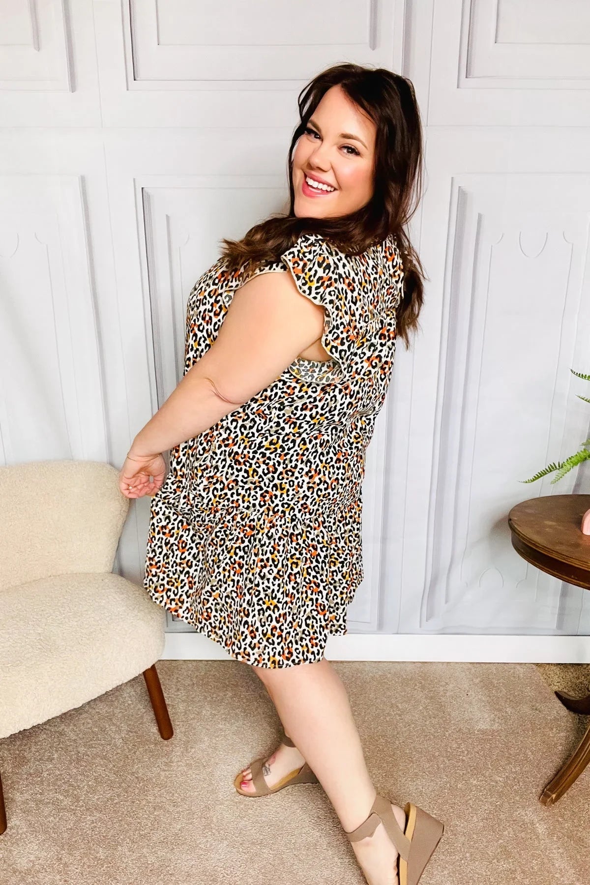 Feeling Bold Taupe Leopard Print Tiered Ruffle Sleeve Woven Dress | 2024 Summer Blow Out Sale Daverri Fashions