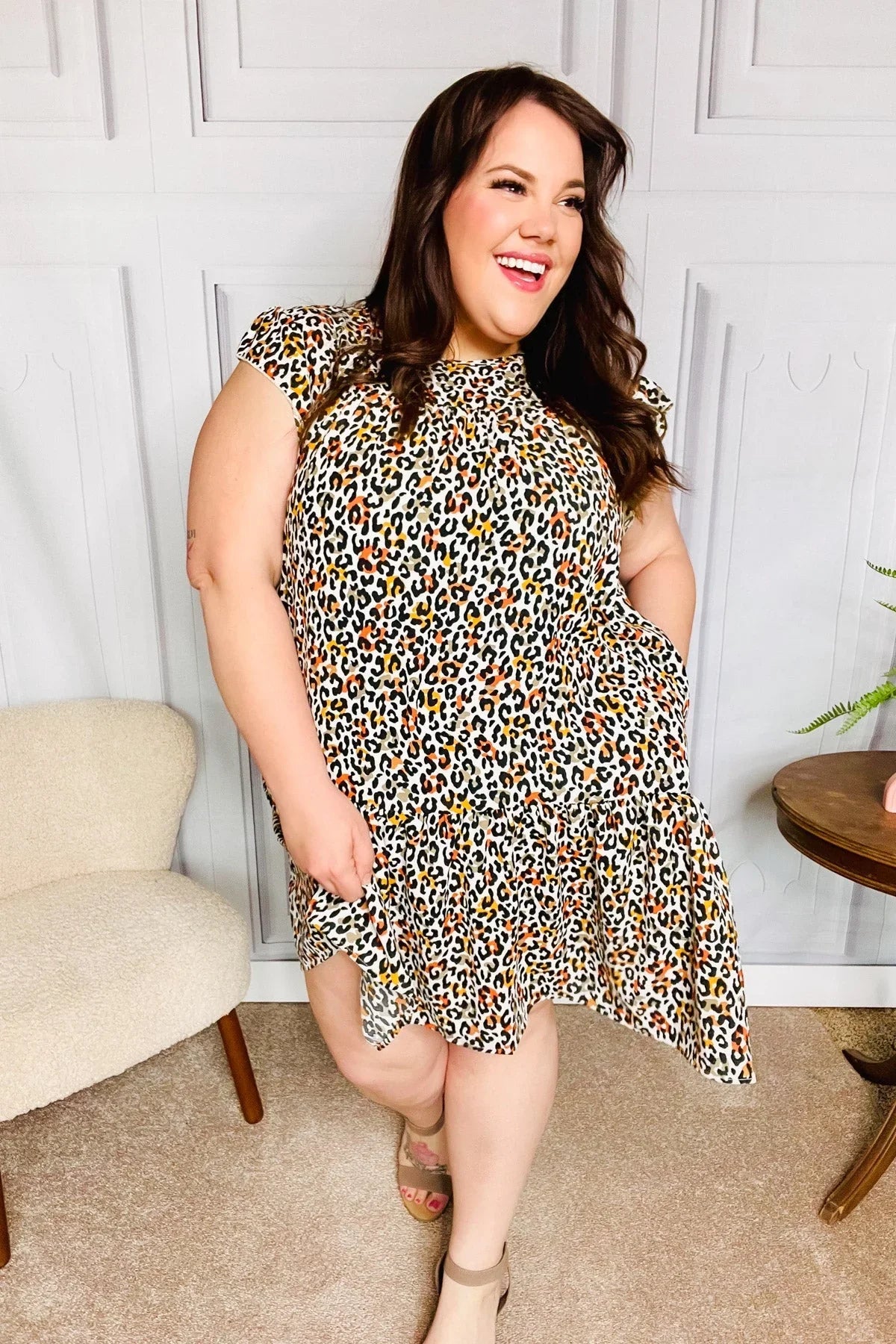 Feeling Bold Taupe Leopard Print Tiered Ruffle Sleeve Woven Dress | 2024 Summer Blow Out Sale Daverri Fashions