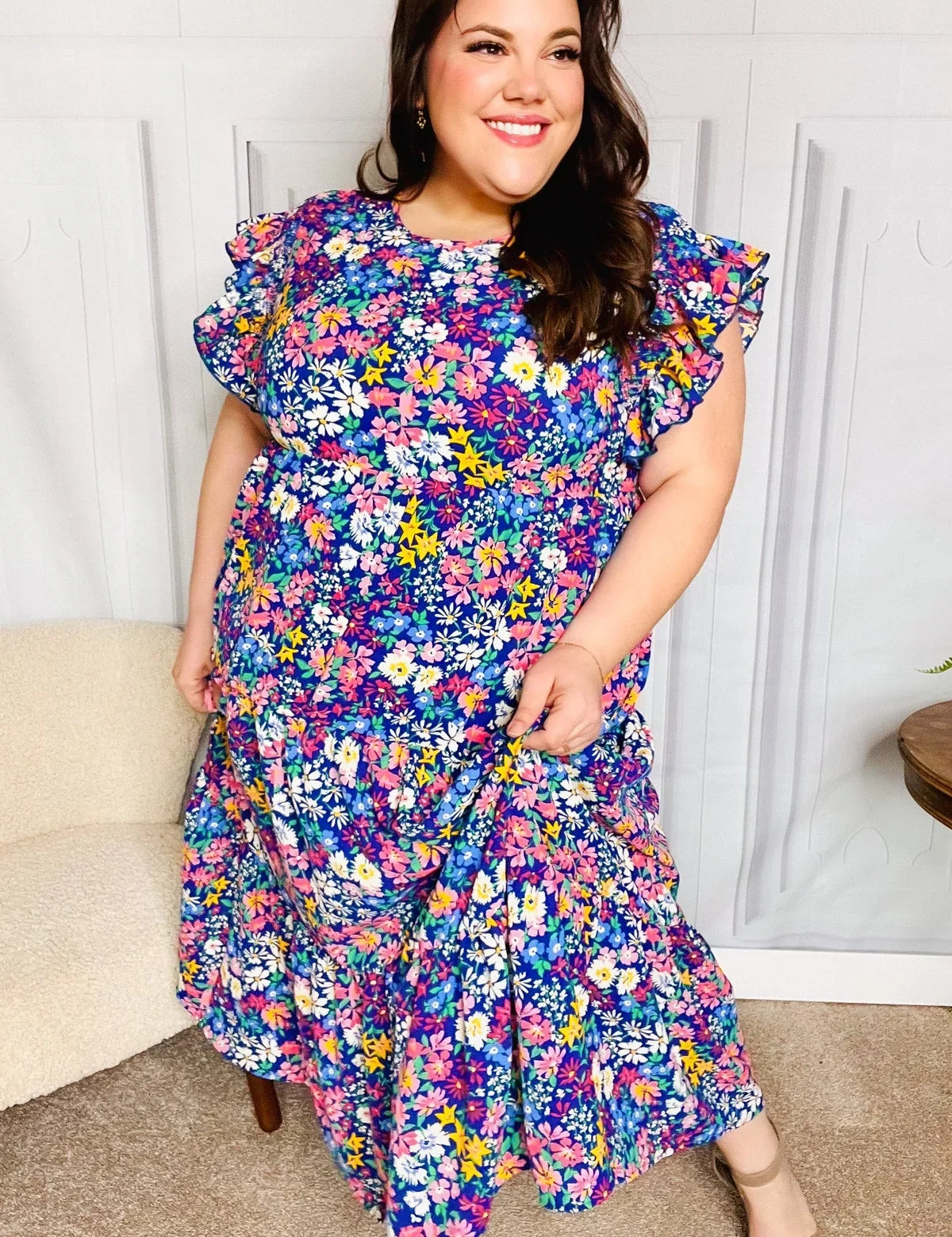 Just A Dream Navy Floral Smocked Ruffle Sleeve Maxi Dress | Daverri Fashions