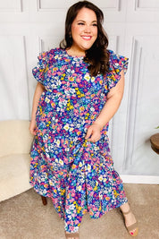 Just A Dream Navy Floral Smocked Ruffle Sleeve Maxi Dress | Daverri Fashions