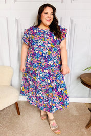 Just A Dream Navy Floral Smocked Ruffle Sleeve Maxi Dress | Daverri Fashions