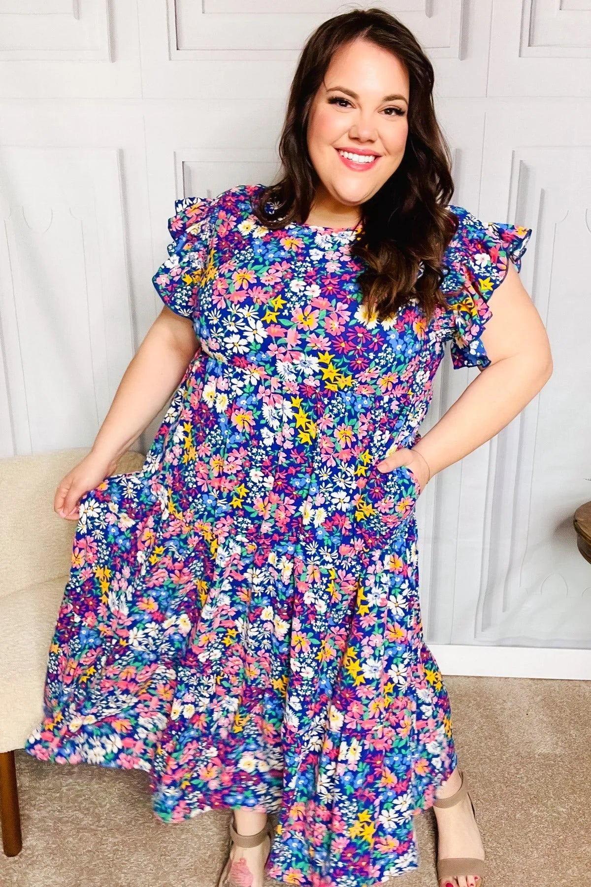Just A Dream Navy Floral Smocked Ruffle Sleeve Maxi Dress | Daverri Fashions