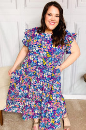 Just A Dream Navy Floral Smocked Ruffle Sleeve Maxi Dress | Daverri Fashions