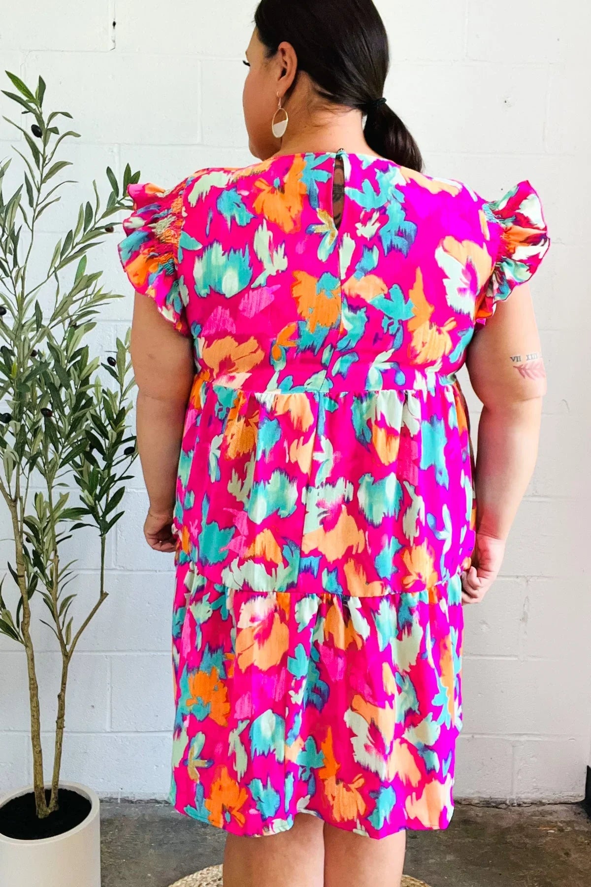 Look of Love Fuchsia Abstract Floral Print Smocked Ruffle Sleeve Dress | Daverri Fashions