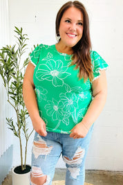 Follow Me Emerald Floral Ric Rac Trim Flutter Sleeve Top | Daverri Fashions