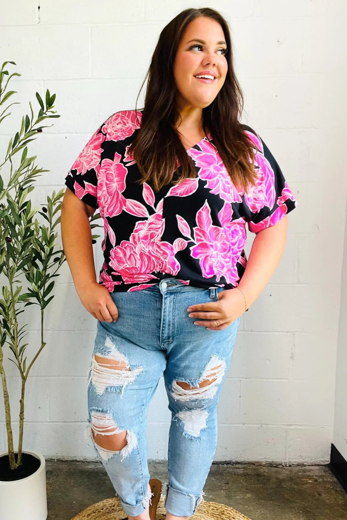 Tropical Vibes Black & Hot Pink Floral V Neck Top | Daverri Fashions