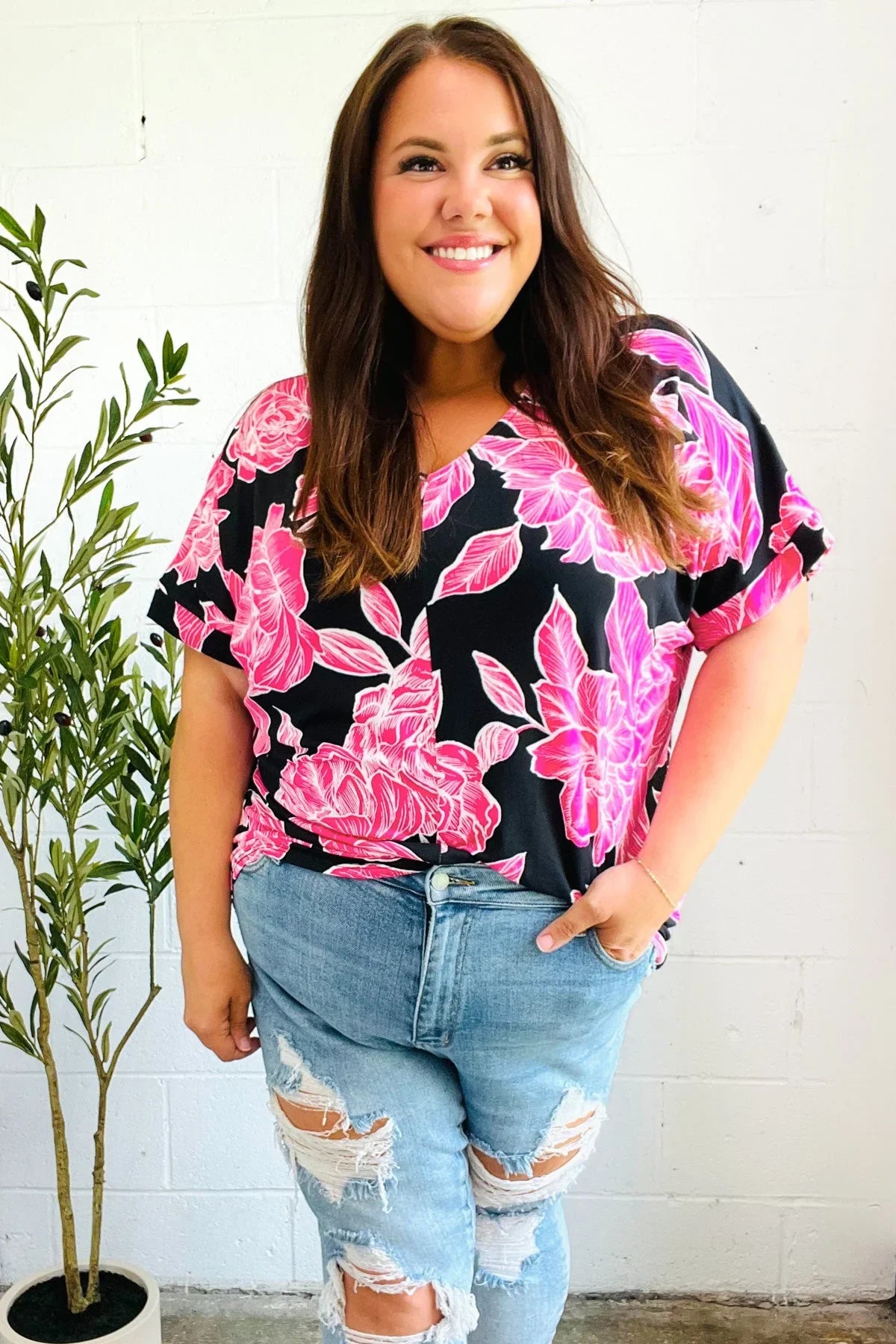 Tropical Vibes Black & Hot Pink Floral V Neck Top | Daverri Fashions
