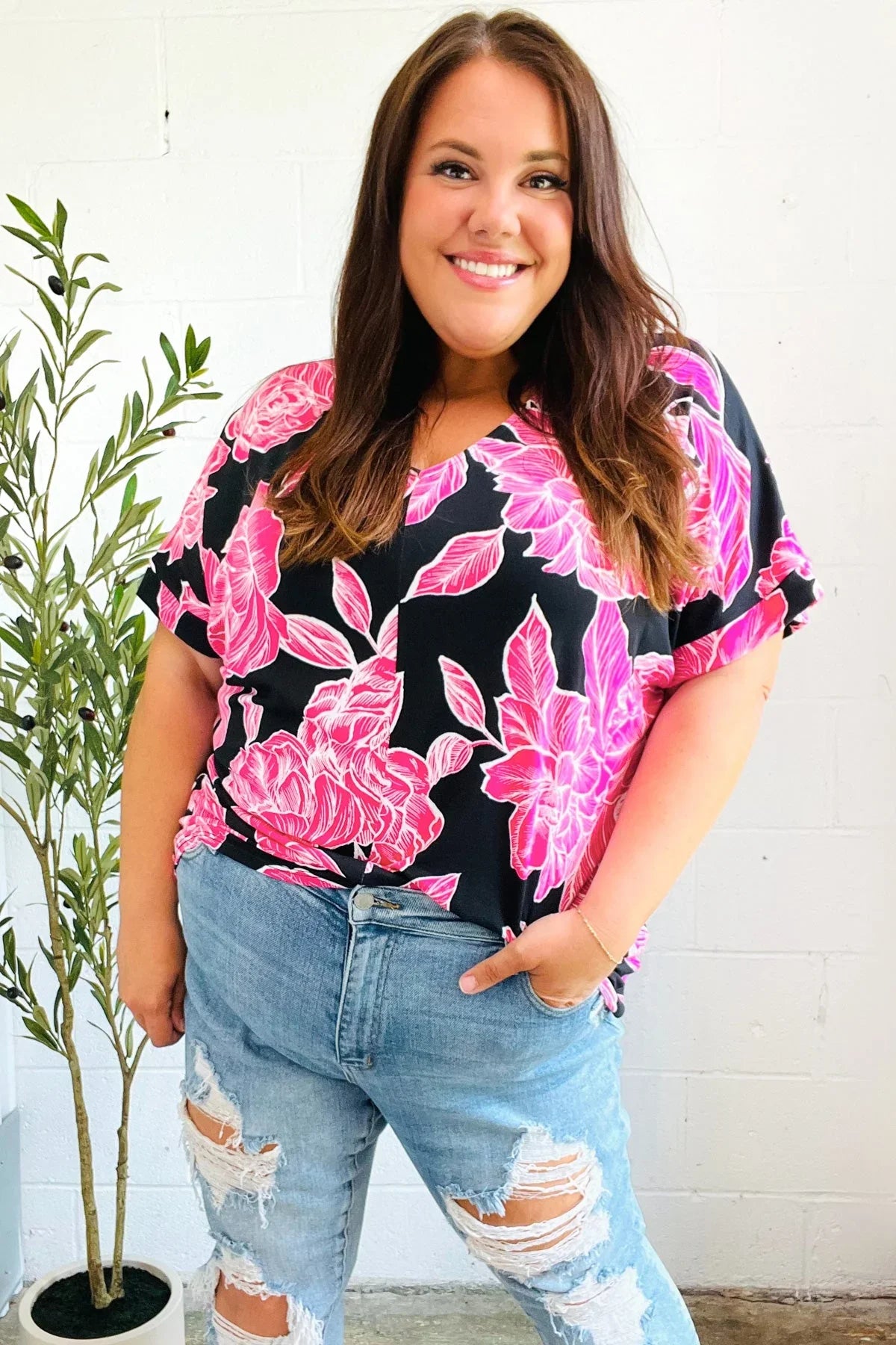 Tropical Vibes Black & Hot Pink Floral V Neck Top | Daverri Fashions