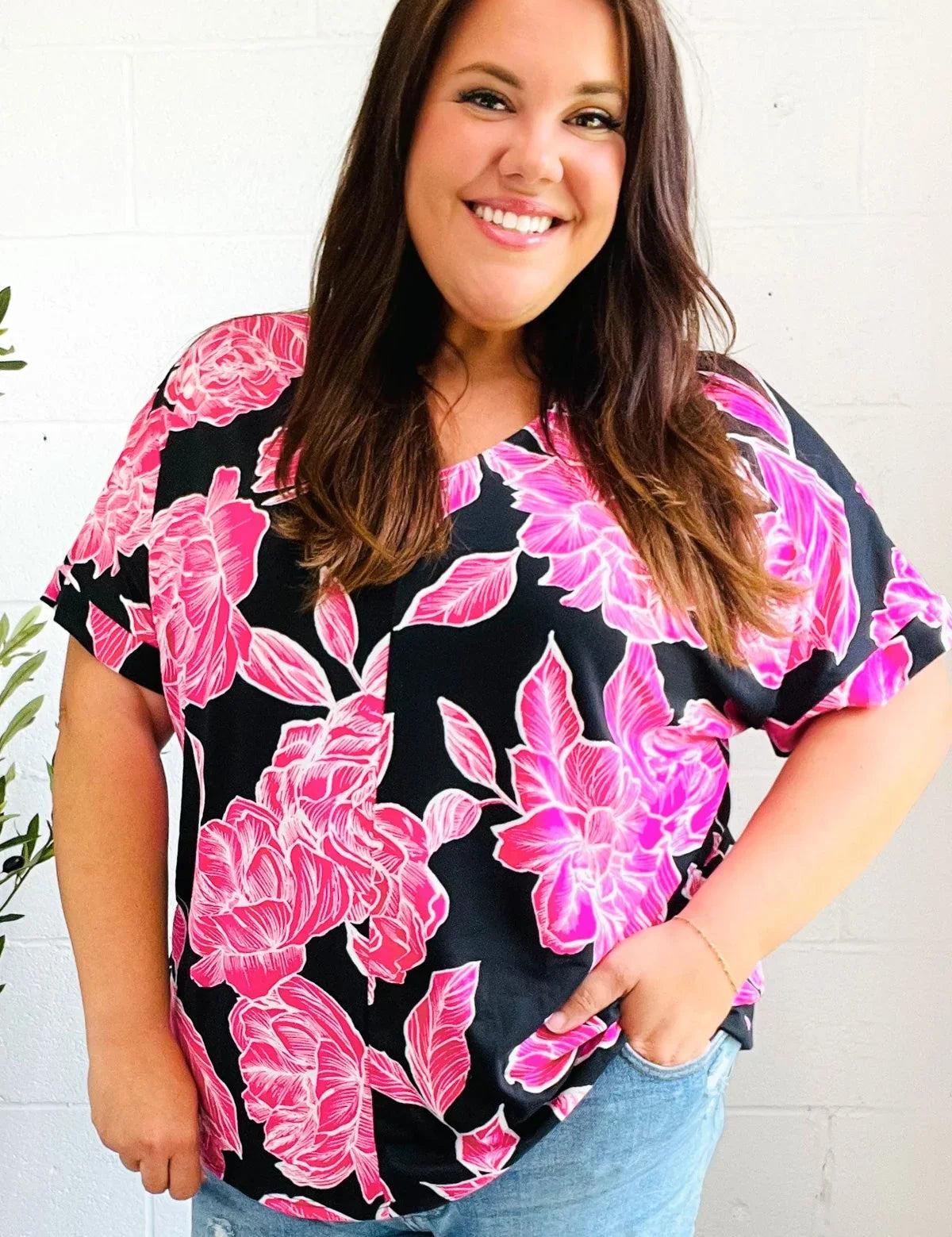 Tropical Vibes Black & Hot Pink Floral V Neck Top | Daverri Fashions