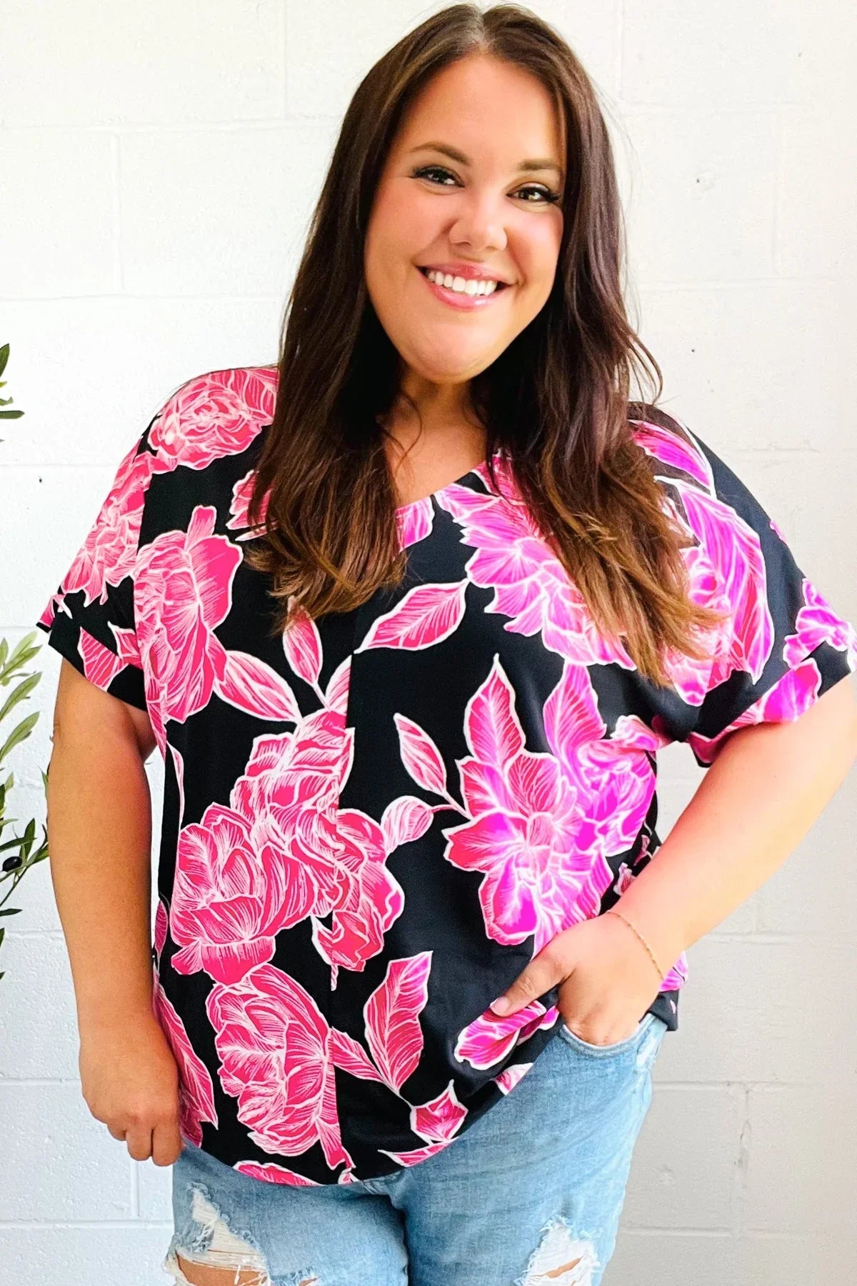 Tropical Vibes Black & Hot Pink Floral V Neck Top | Daverri Fashions