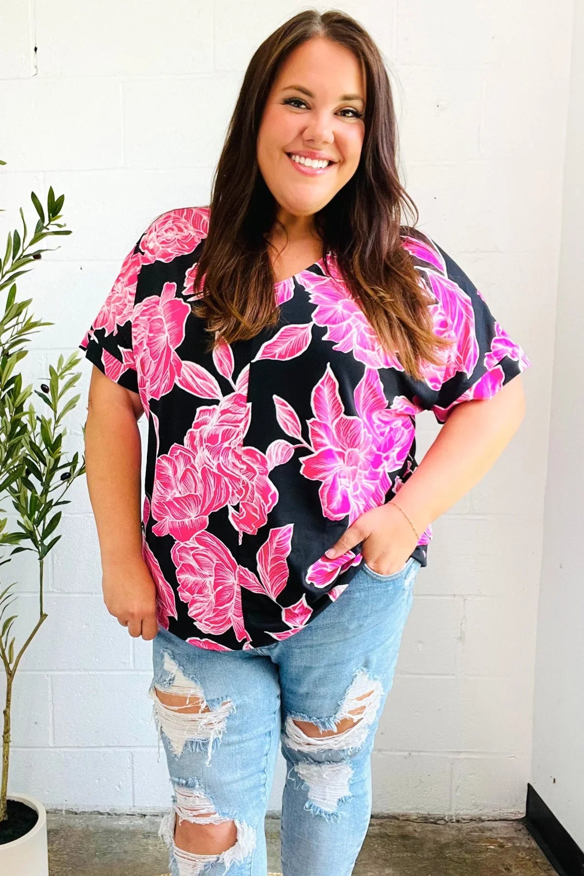 Tropical Vibes Black & Hot Pink Floral V Neck Top | Daverri Fashions