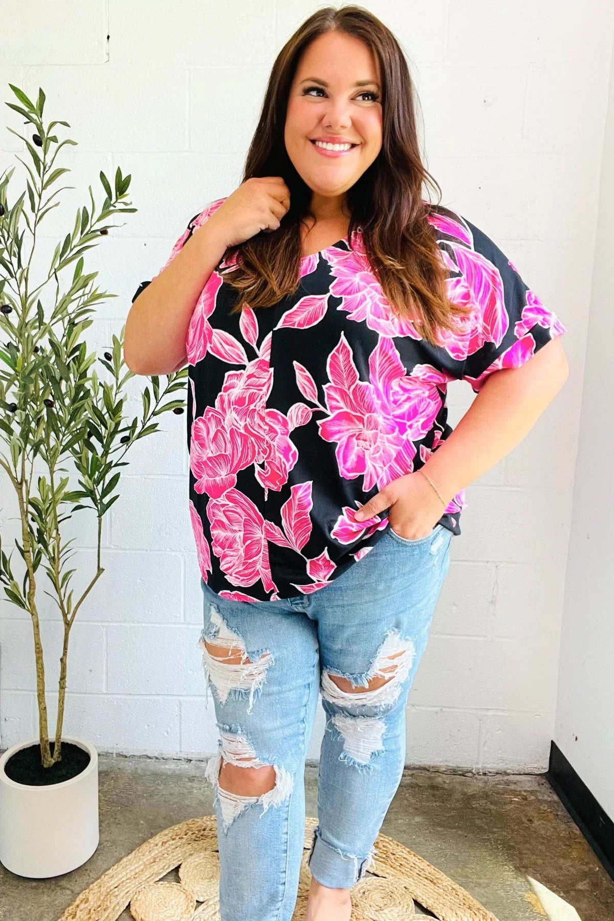 Tropical Vibes Black & Hot Pink Floral V Neck Top | Daverri Fashions