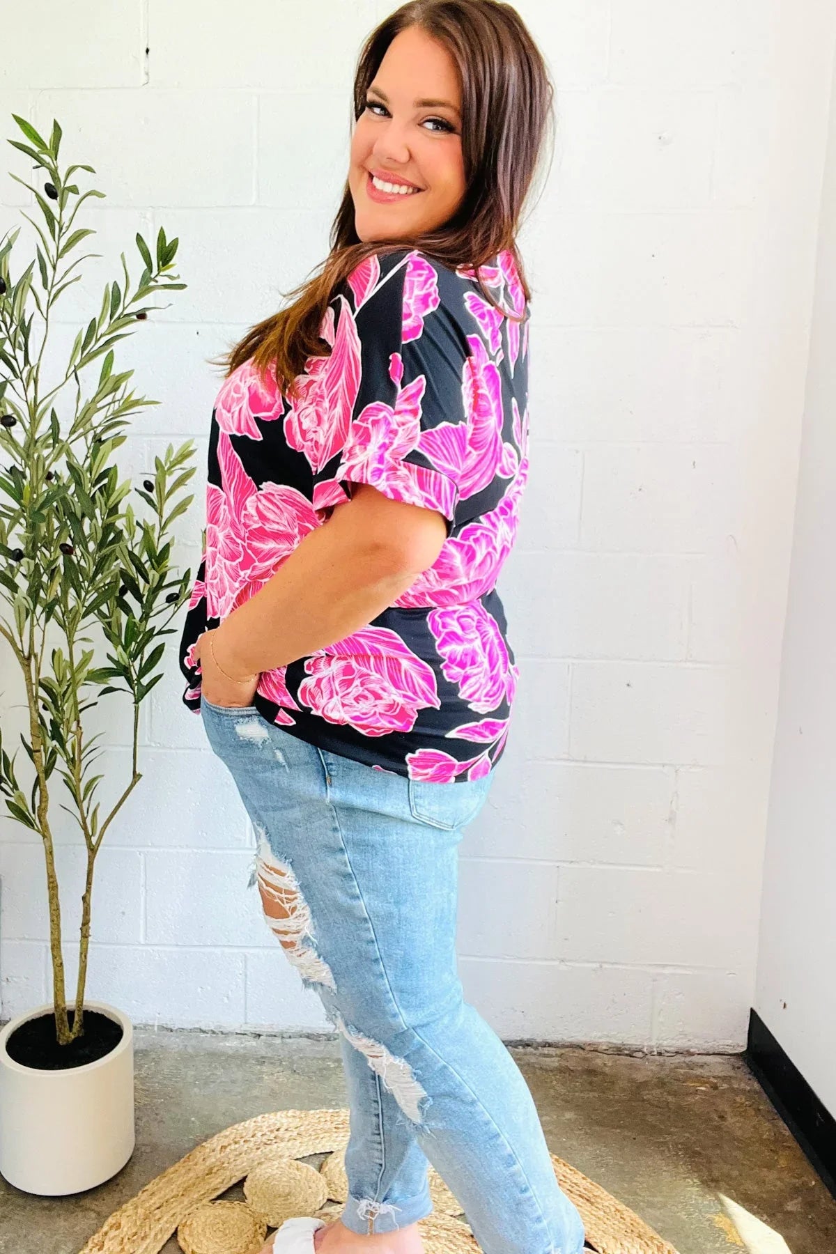Tropical Vibes Black & Hot Pink Floral V Neck Top | Daverri Fashions