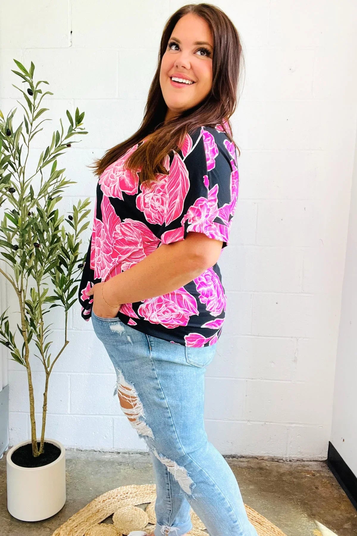 Tropical Vibes Black & Hot Pink Floral V Neck Top | Daverri Fashions