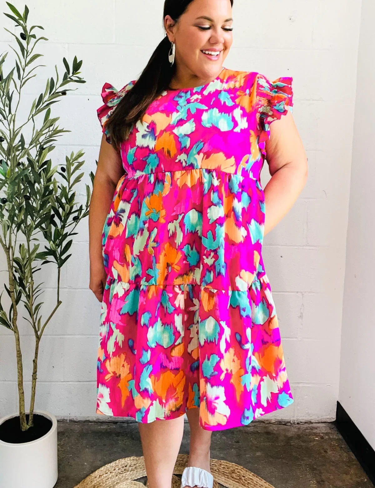 Look of Love Fuchsia Abstract Floral Print Smocked Ruffle Sleeve Dress | Daverri Fashions