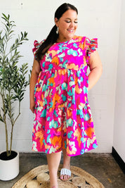 Look of Love Fuchsia Abstract Floral Print Smocked Ruffle Sleeve Dress | Daverri Fashions