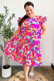 Look of Love Fuchsia Abstract Floral Print Smocked Ruffle Sleeve Dress | Daverri Fashions