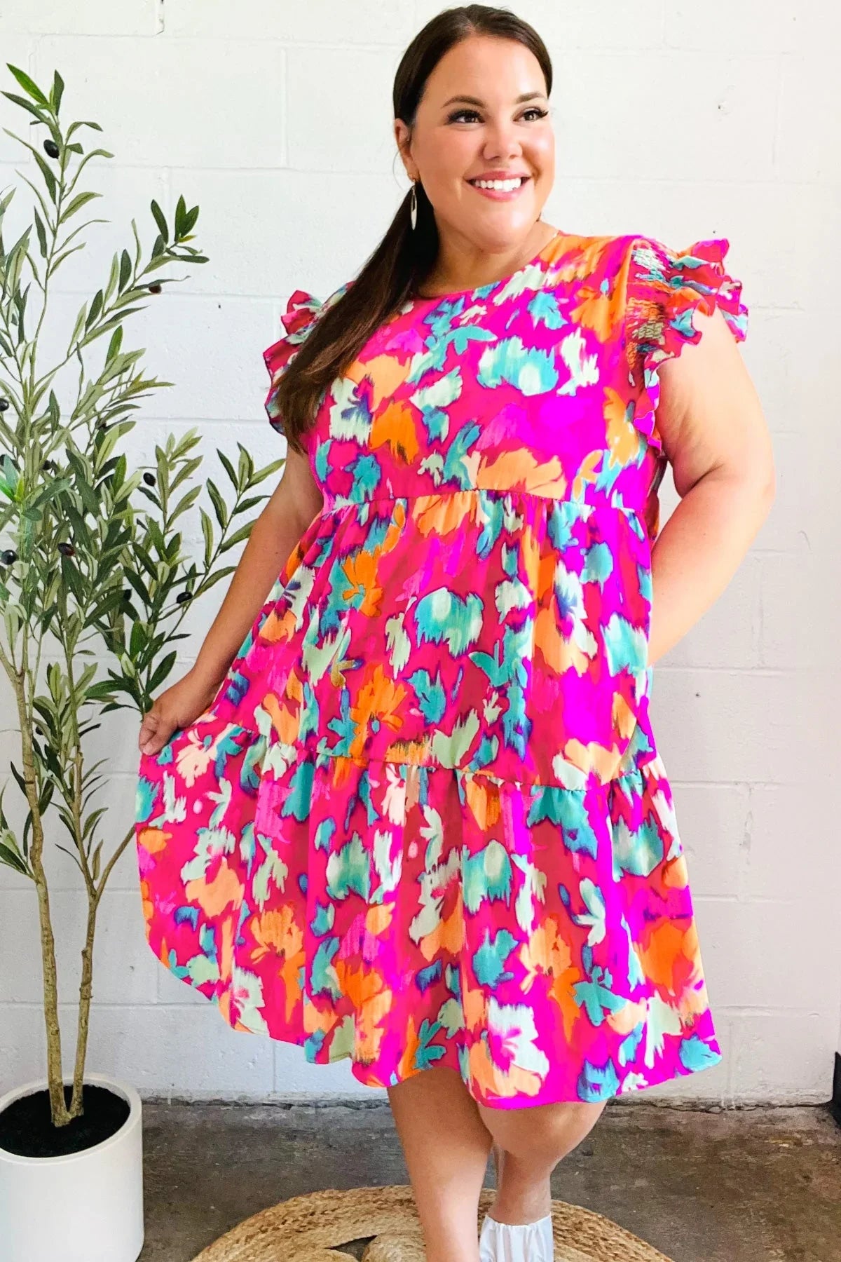 Look of Love Fuchsia Abstract Floral Print Smocked Ruffle Sleeve Dress | Daverri Fashions