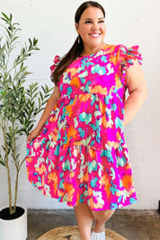 Look of Love Fuchsia Abstract Floral Print Smocked Ruffle Sleeve Dress | Daverri Fashions