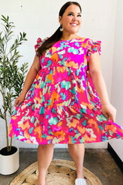 Look of Love Fuchsia Abstract Floral Print Smocked Ruffle Sleeve Dress | Daverri Fashions