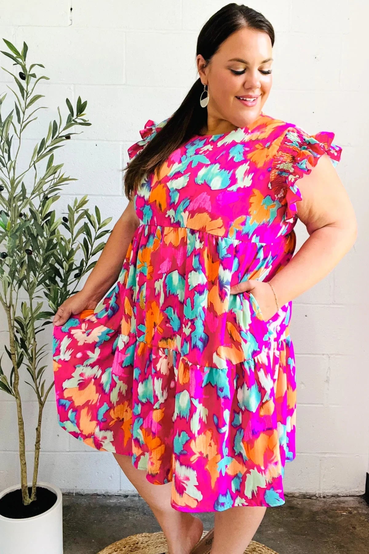 Look of Love Fuchsia Abstract Floral Print Smocked Ruffle Sleeve Dress | Daverri Fashions