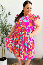 Look of Love Fuchsia Abstract Floral Print Smocked Ruffle Sleeve Dress | Daverri Fashions