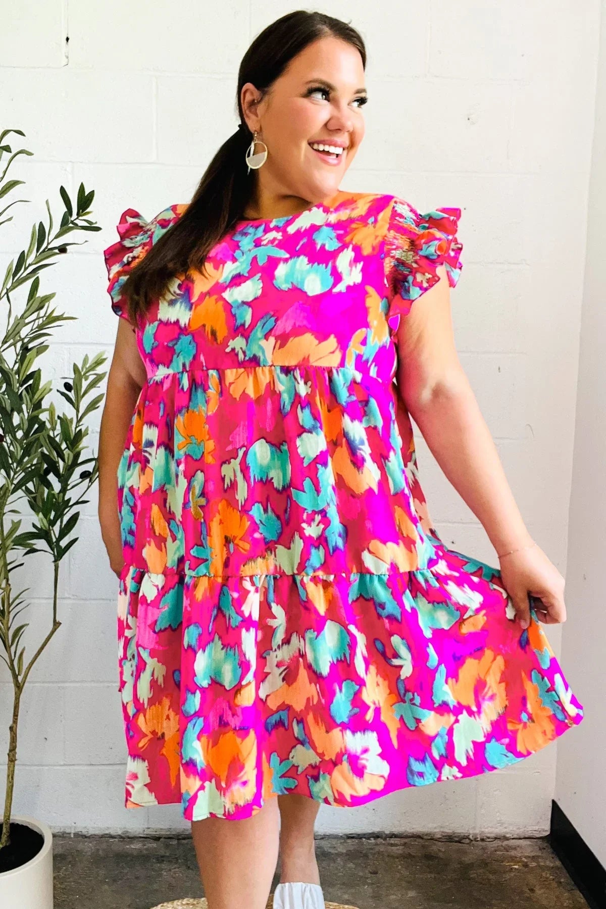 Look of Love Fuchsia Abstract Floral Print Smocked Ruffle Sleeve Dress | Daverri Fashions