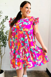 Look of Love Fuchsia Abstract Floral Print Smocked Ruffle Sleeve Dress | Daverri Fashions