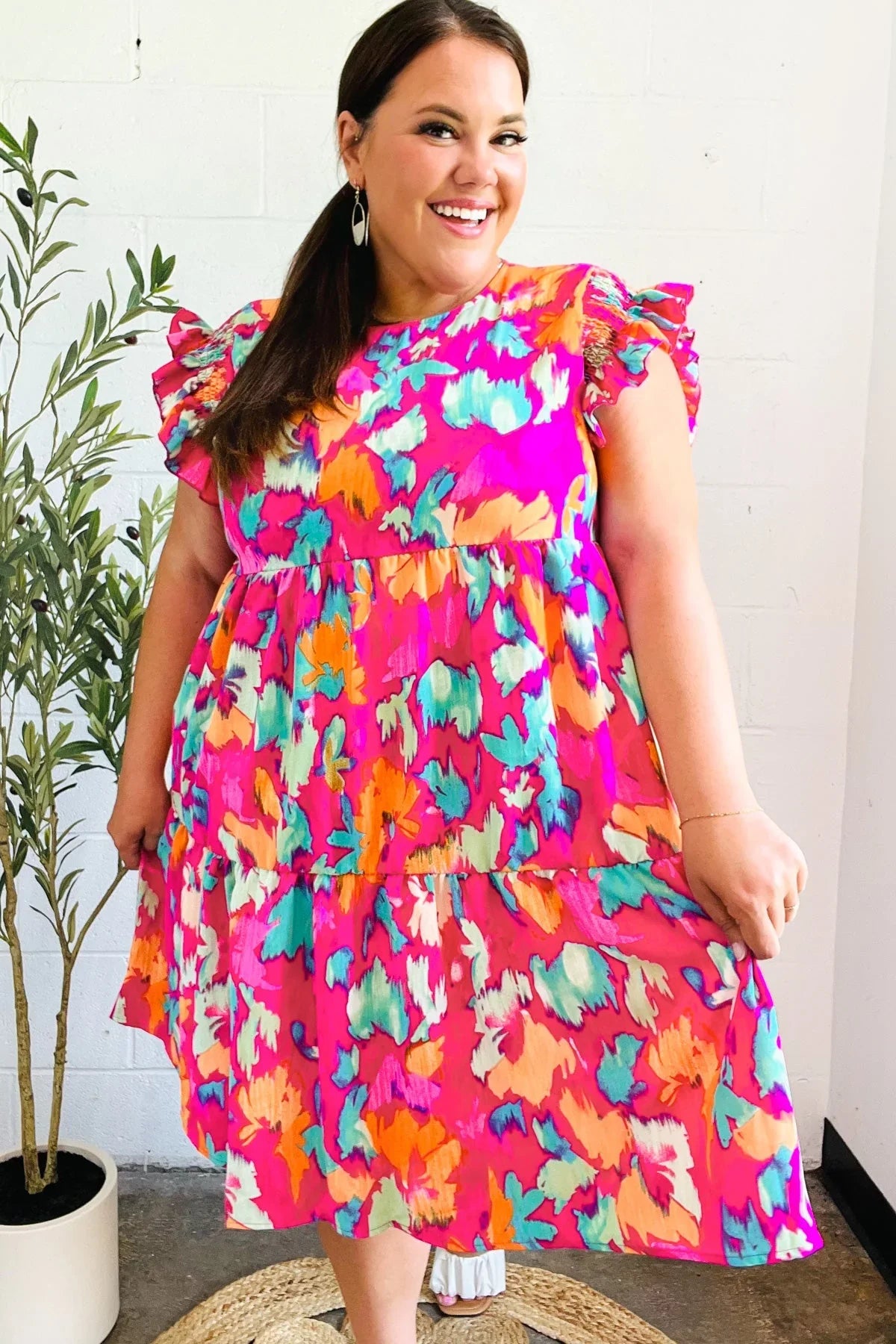 Look of Love Fuchsia Abstract Floral Print Smocked Ruffle Sleeve Dress | Daverri Fashions
