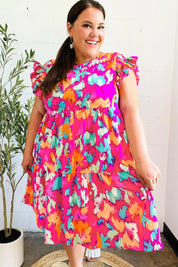 Look of Love Fuchsia Abstract Floral Print Smocked Ruffle Sleeve Dress | Daverri Fashions